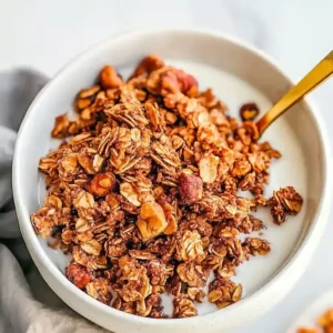 Crunchy granola with oats, walnuts, and pumpkin seeds in bowl with almond milk.