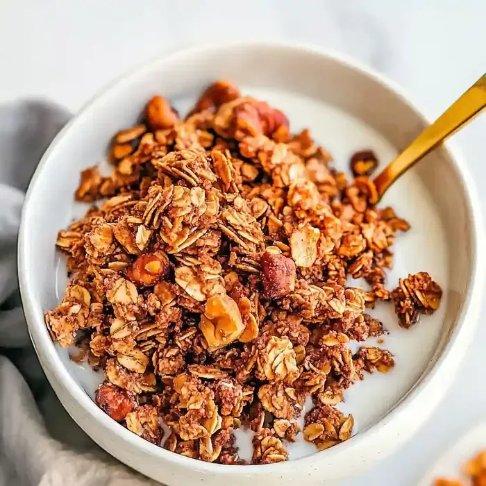 Crunchy granola with oats, walnuts, and pumpkin seeds in bowl with almond milk.