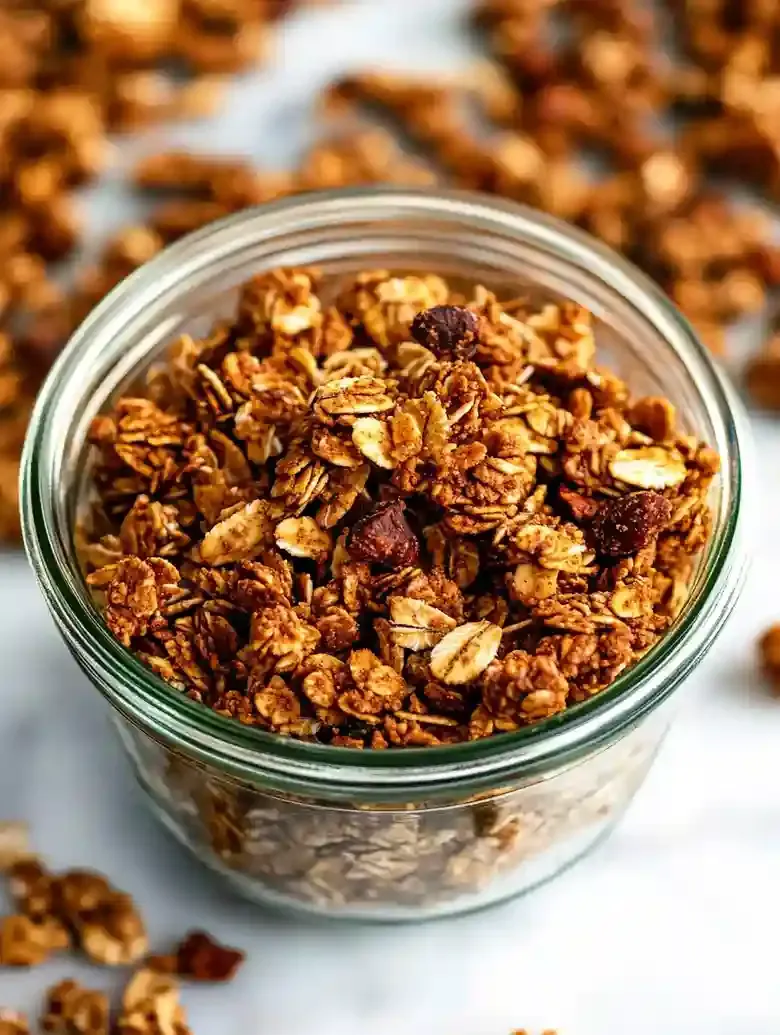 Granola clusters in a glass jar on a marble surface, surrounded by spills.