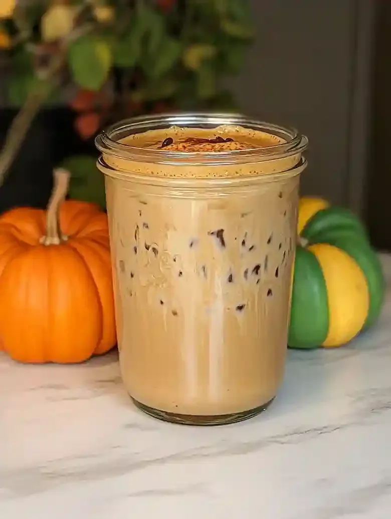 Layered iced espresso drink with cream and ice beside three decorative pumpkins.