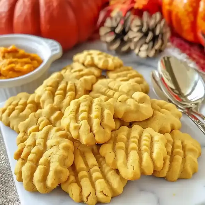 Pumpkin pie spritz cookies on marble surface with pumpkin puree and spoon.