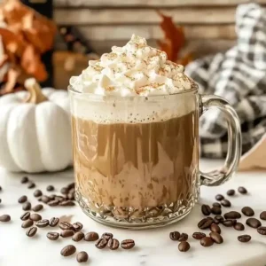 Layered pumpkin-spiced latte in glass mug on marble surface with autumn decor.