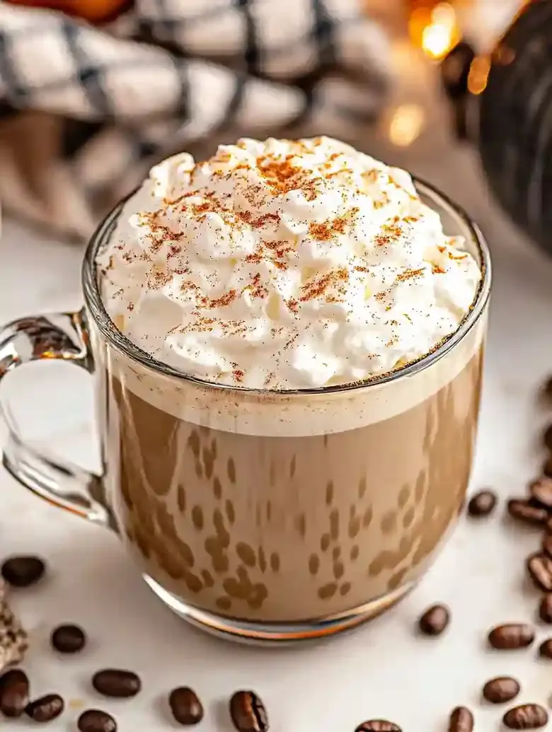 Glass mug of Pumpkin Vanilla Latte topped with whipped cream and spices.