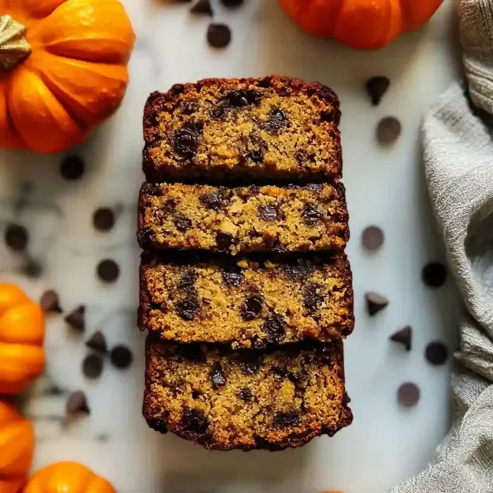 Sliced pumpkin yogurt loaf with chicken tender center and chocolate chips.
