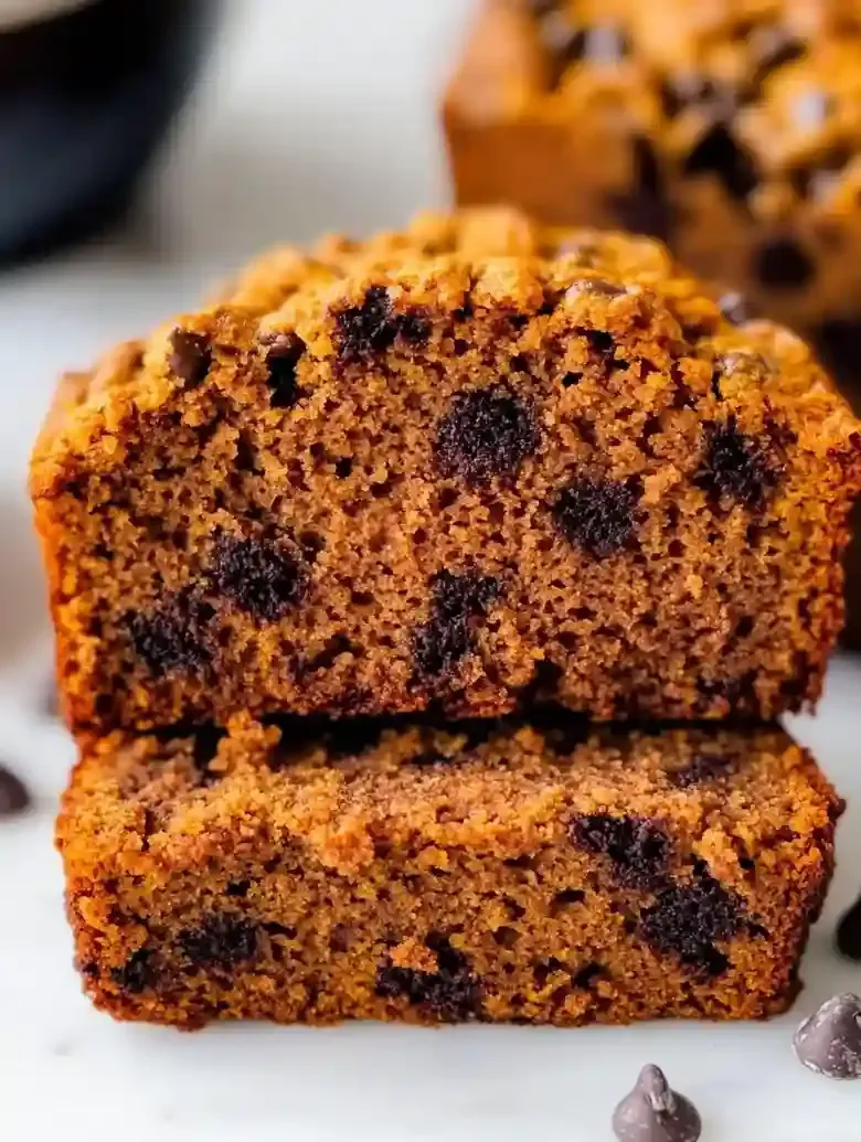 Pumpkin yogurt loaf slices stacked on a marble surface, with chocolate chips.