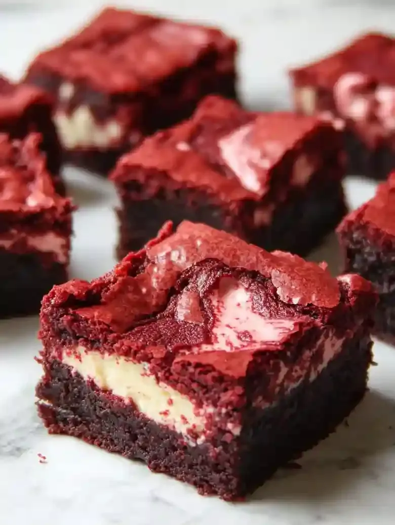 Brownie slices with cheesecake swirl on a white marble surface.