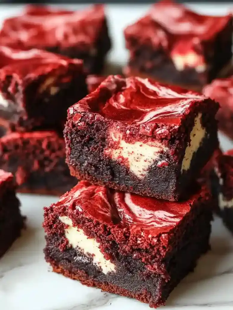 Stack of velvet brownies with cheesecake swirl on a marble surface.