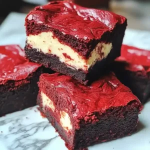 Stacked velvet brownies with cream cheese swirl on a marble surface.