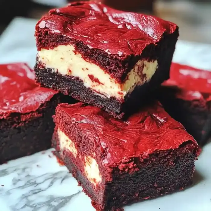 Stacked velvet brownies with cream cheese swirl on a marble surface.