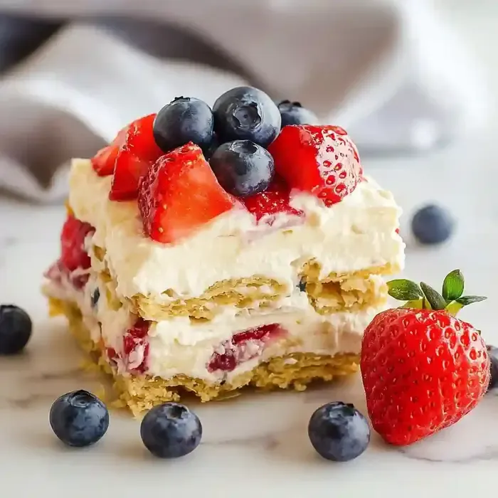 Layered dessert with strawberries and blueberries on a marble surface.