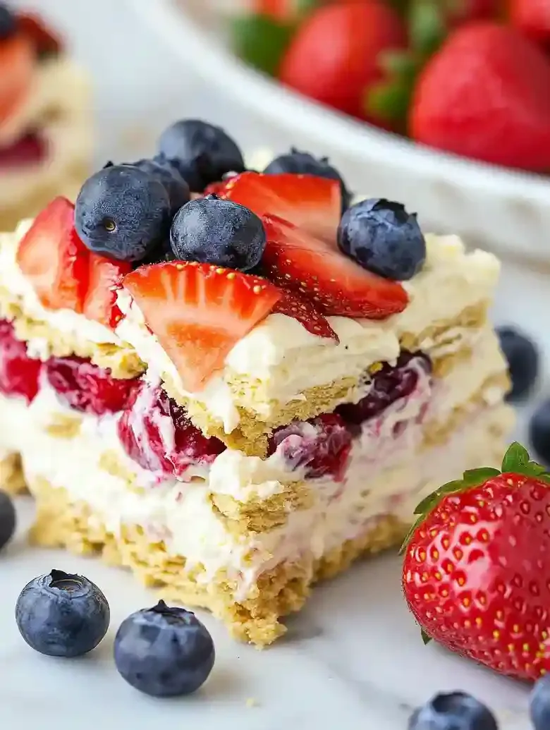 Layered dessert with graham crackers, smooth filling, topped with sliced strawberries and blueberries.