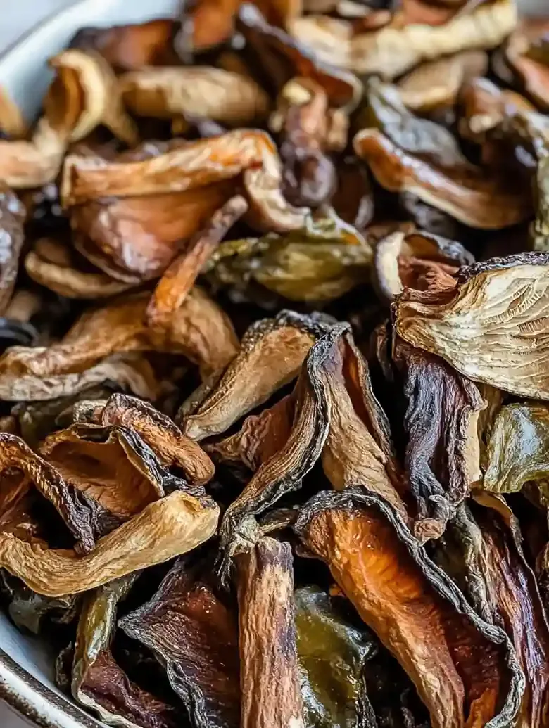 Bowl of dried porcini mushrooms in various shades on marble surface.