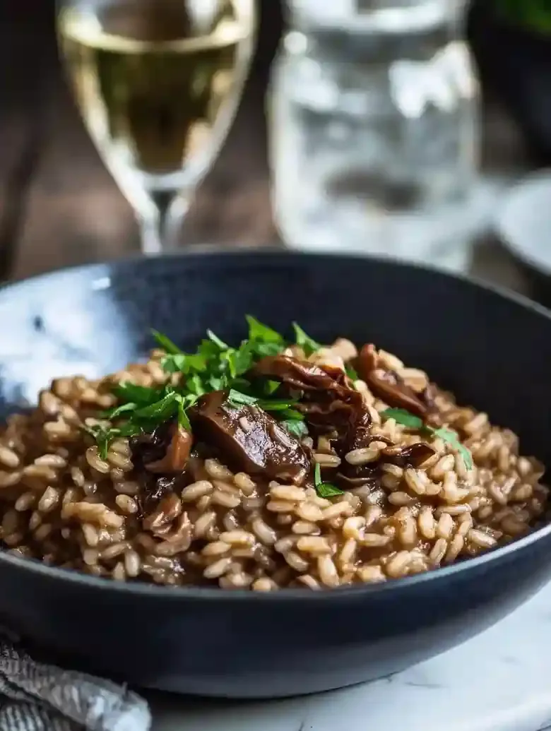 Dark blue bowl of Arborio risotto with porcini mushrooms and parsley.