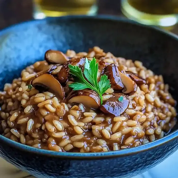 Dark blue bowl of porcini mushroom risotto garnished with parsley.