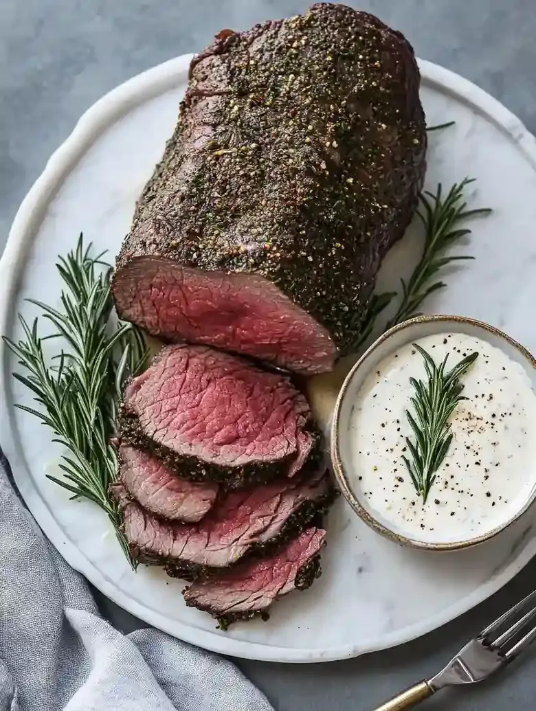 Herb-crusted roast beef with rosemary, horseradish, and silver fork.
