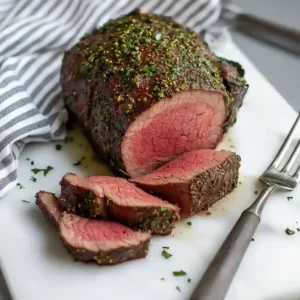 Herb-crusted beef slices on marble surface with silver fork and napkin.