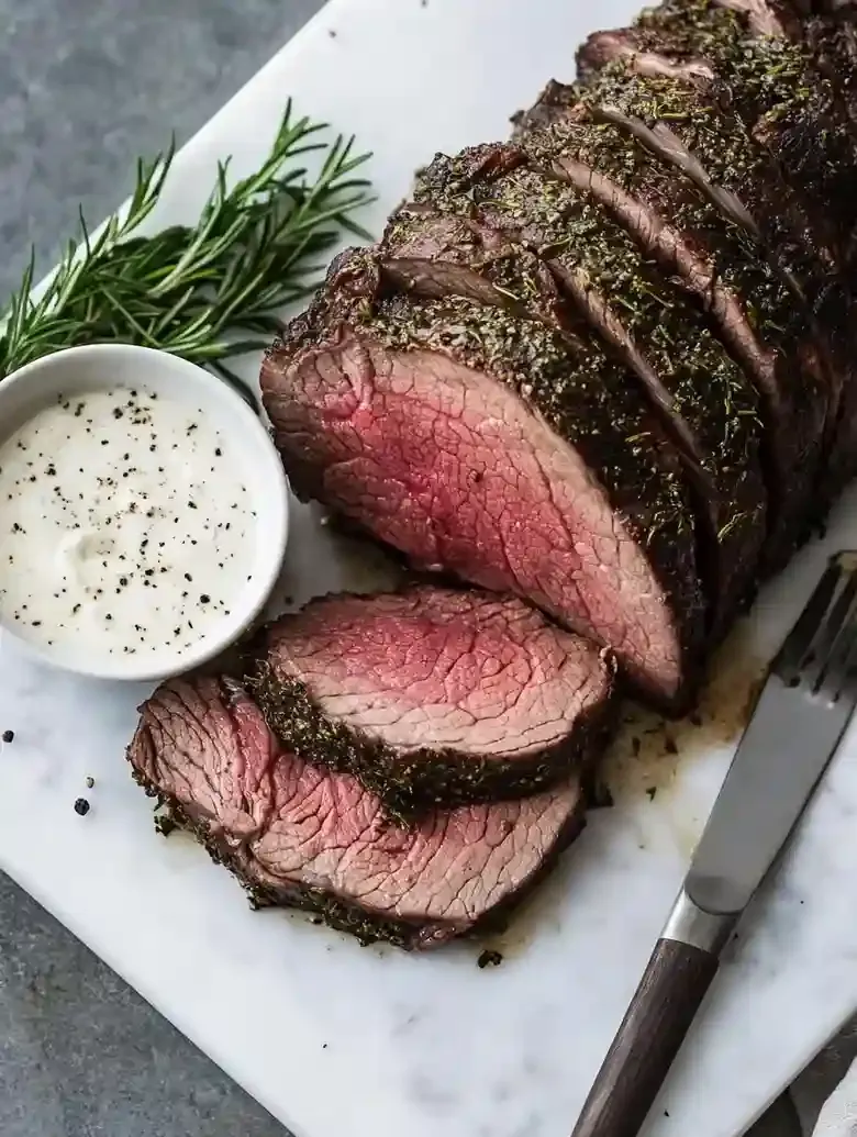 Herb-crusted beef roast with slices, dressing, and rosemary on marble surface.