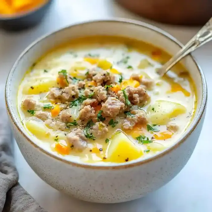 Bowl of sausage potato soup with cheddar and herbs on marble surface.