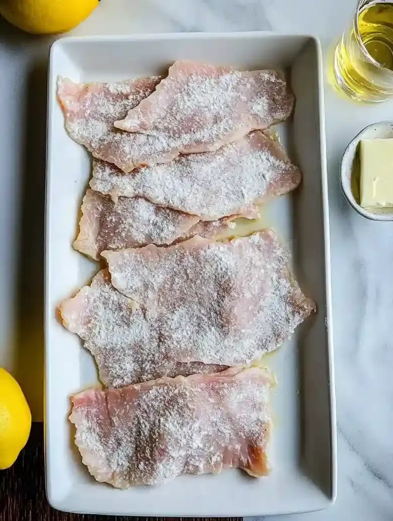 Veal fillets dusted with flour on a white plate with lemon and wine.