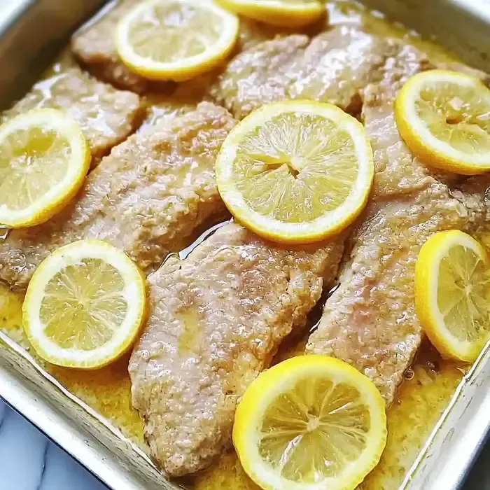 Golden-brown veal fillets in rich sauce, garnished with lemon slices.