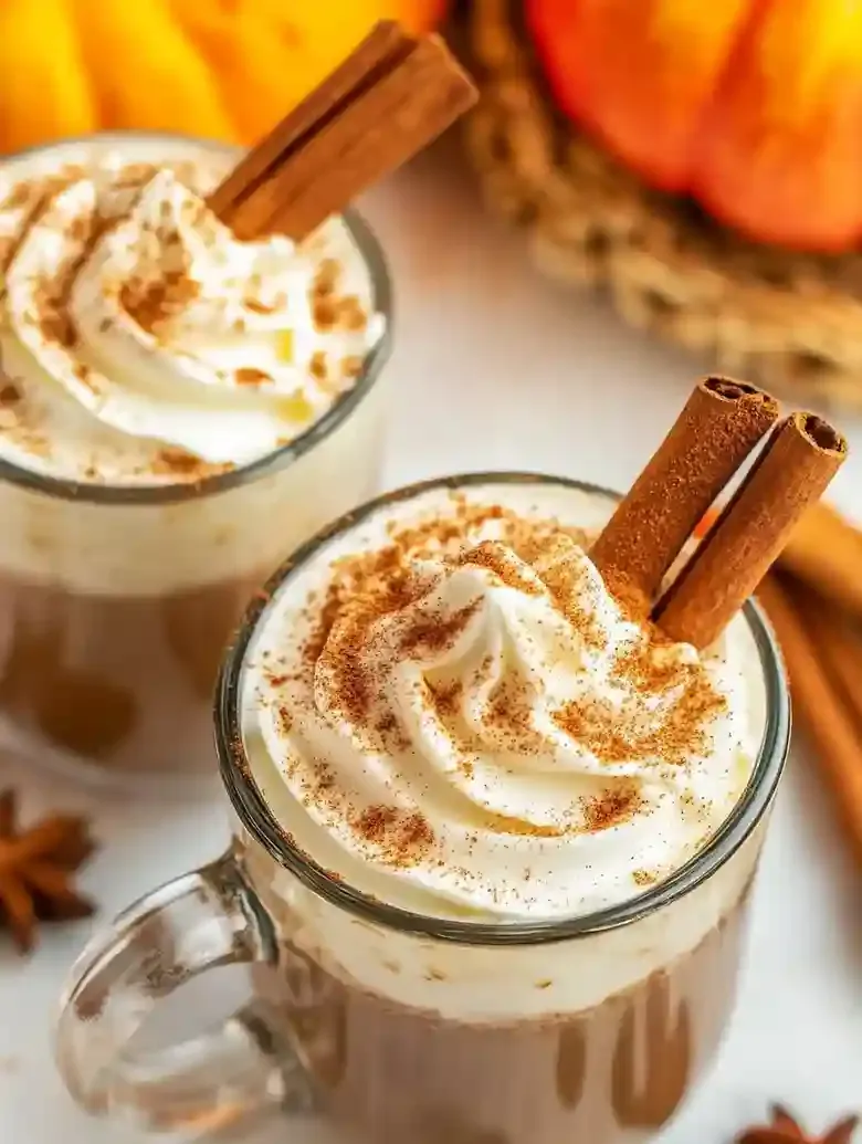 Glass mugs with pumpkin chocolate, whipped cream, and cinnamon sticks.