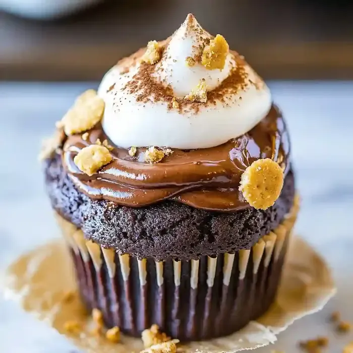 Chocolate cupcake with rich frosting, meringue, and graham cracker crumbs.