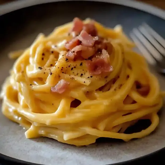 Spaghetti alla Carbonara with guanciale and black pepper on marble surface.
