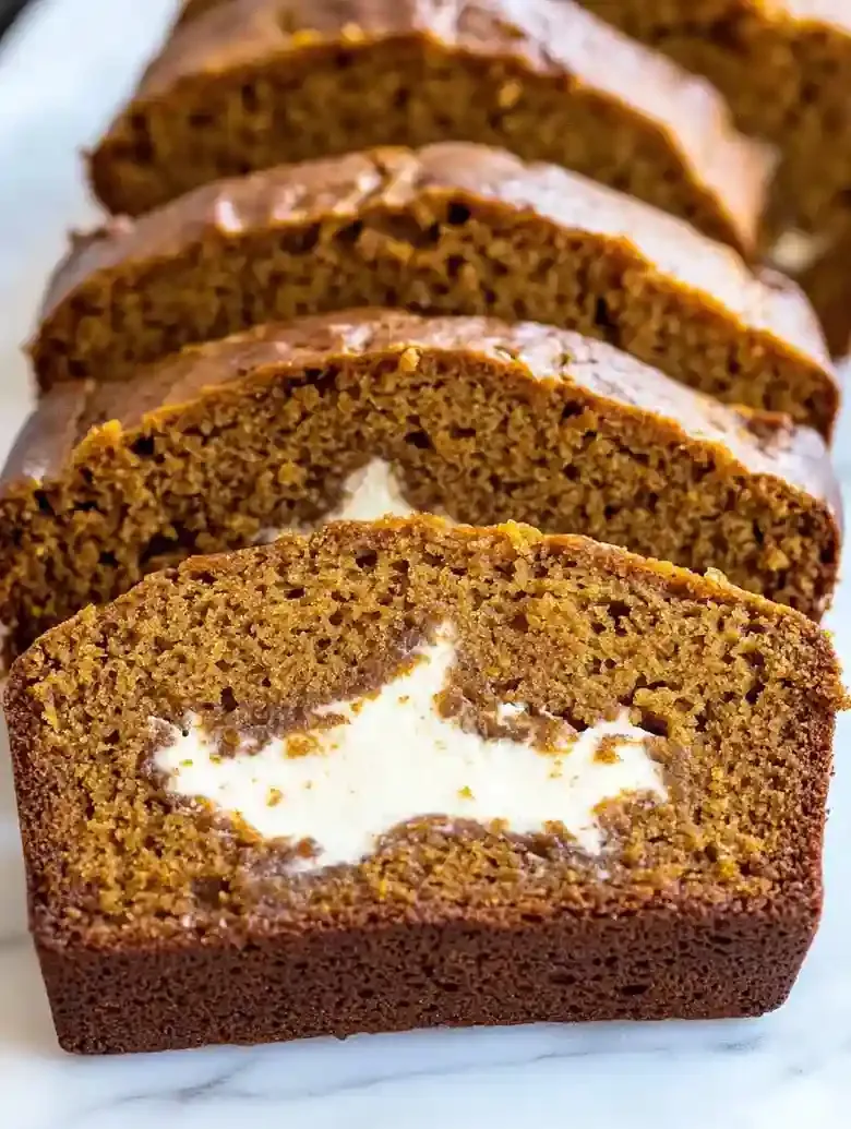 Spiced pumpkin cream cheese bread slices on a marble surface.
