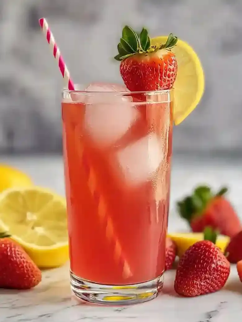 Tall glass of iced beverage garnished with strawberry and lemon slice.