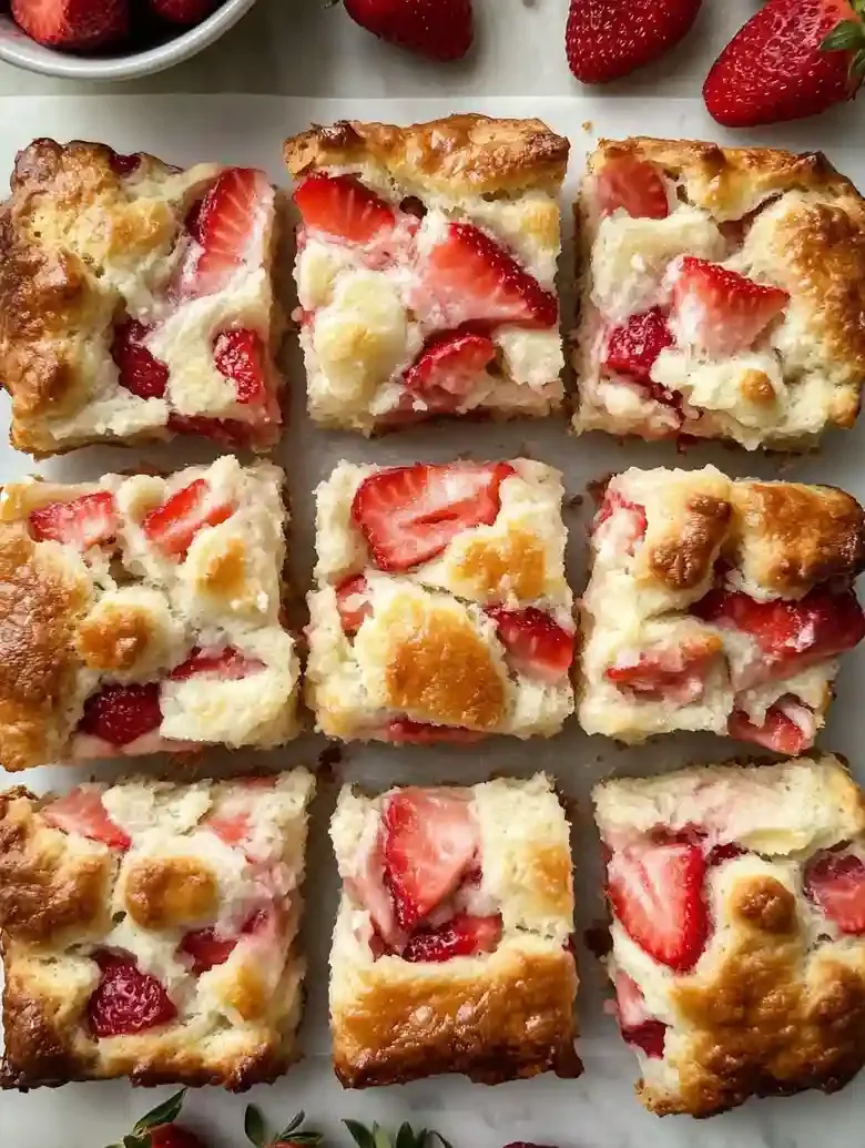 Freshly baked strawberry butter swim biscuits arranged on marble surface.