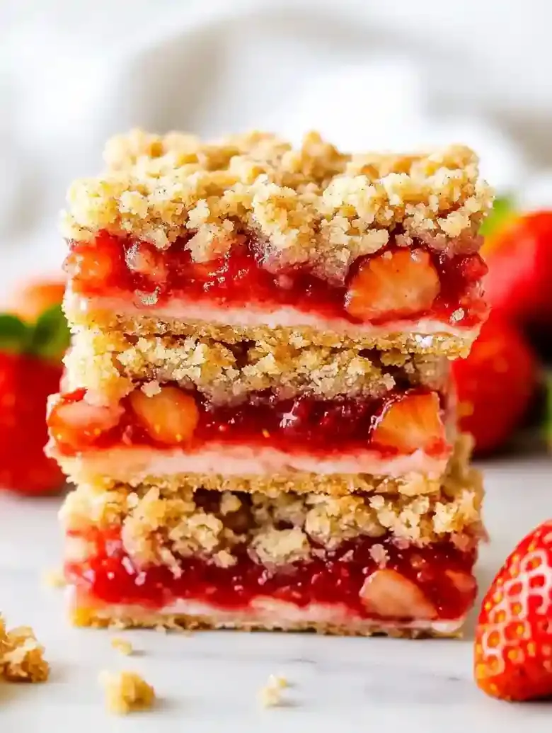 Stack of three strawberry crumble bars on marble surface with fresh berries.