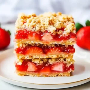 Stack of three strawberry crumble bars on a white plate.