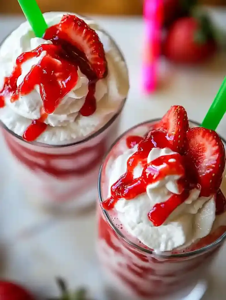 Two strawberry frappuccinos topped with whipped cream and fresh strawberries.