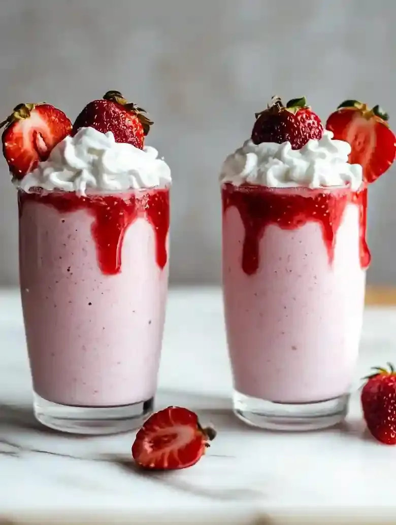 Strawberry frappuccino topped with whipped cream and fresh strawberries.
