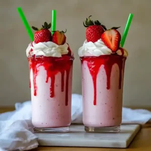 Two tall glasses of strawberry frappuccino topped with whipped cream and sauce.