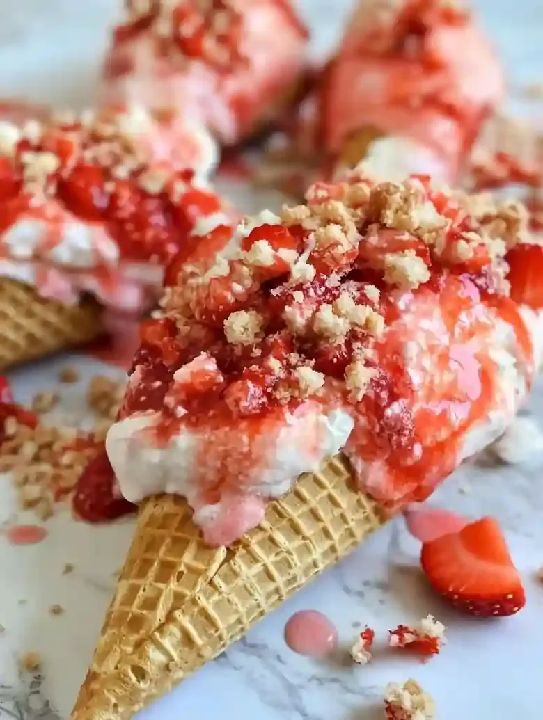 Waffle cones filled with cheesecake, topped with strawberry glaze and crunch.