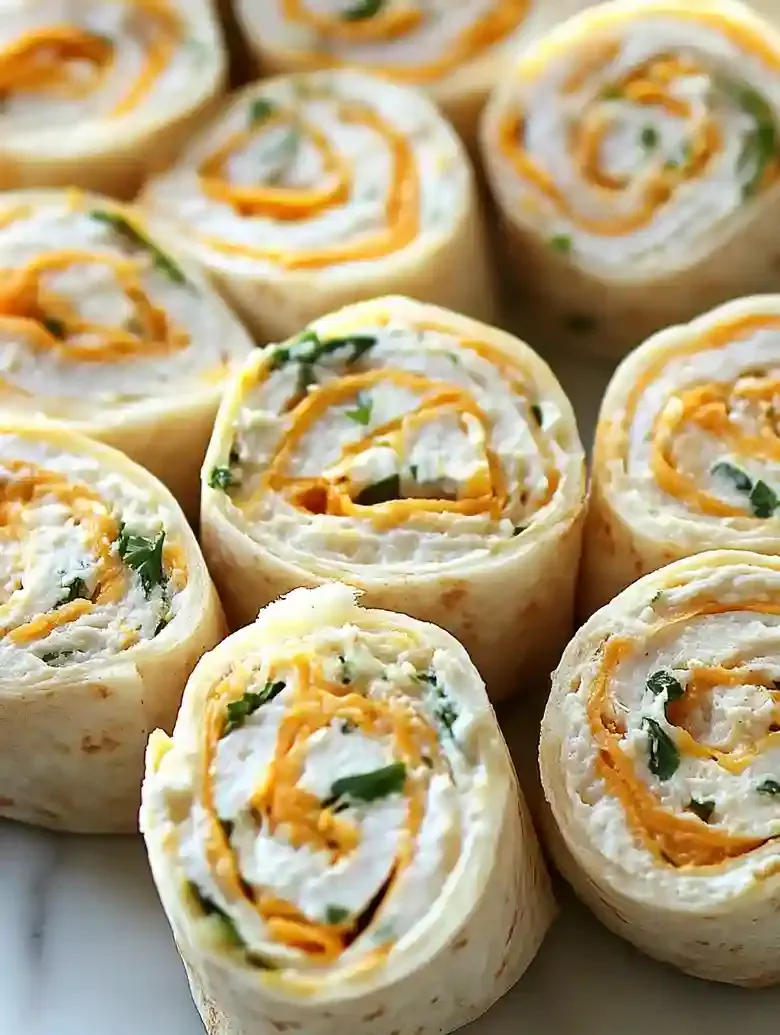 Tortilla rollups with cheese and cilantro, cut into circular pieces.