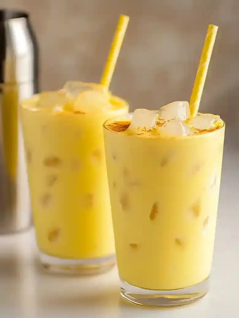 Two glasses of turmeric iced latte with ice cubes and spices on top.
