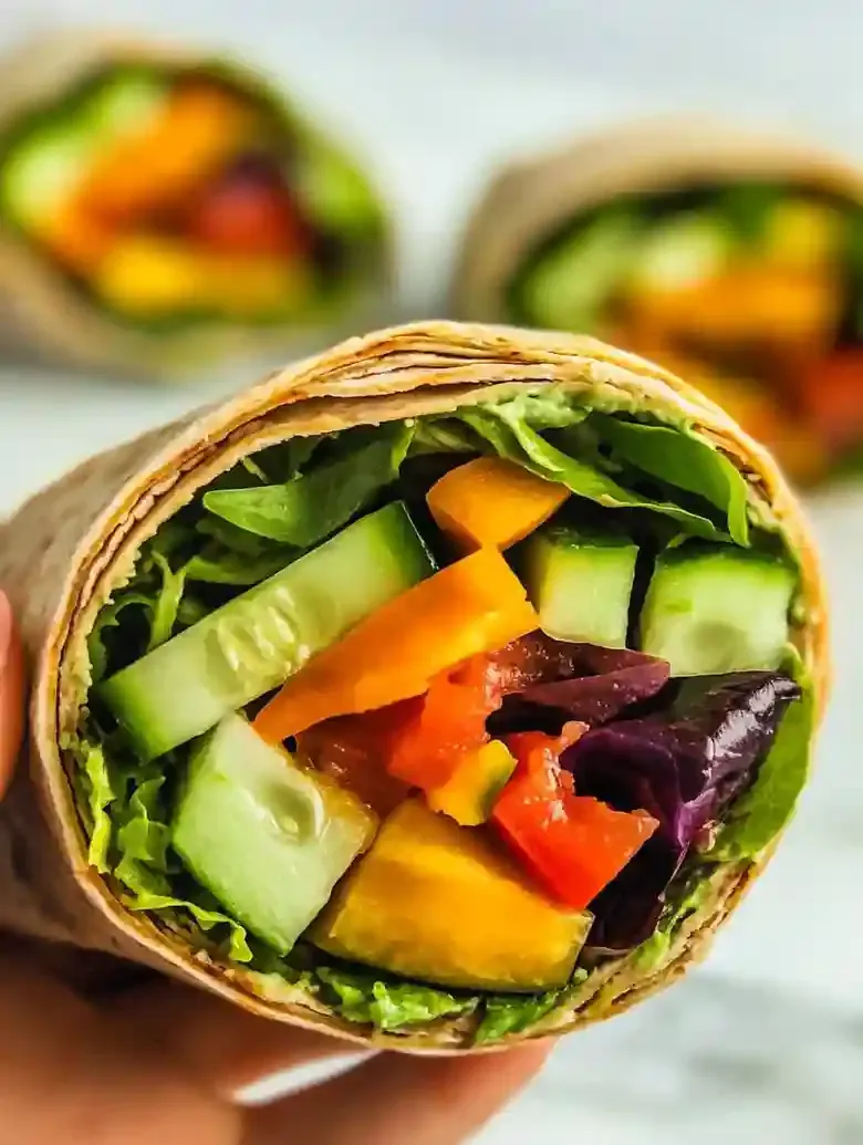 Closeup of a veggie hummus wrap with fresh vegetables on a marble surface.