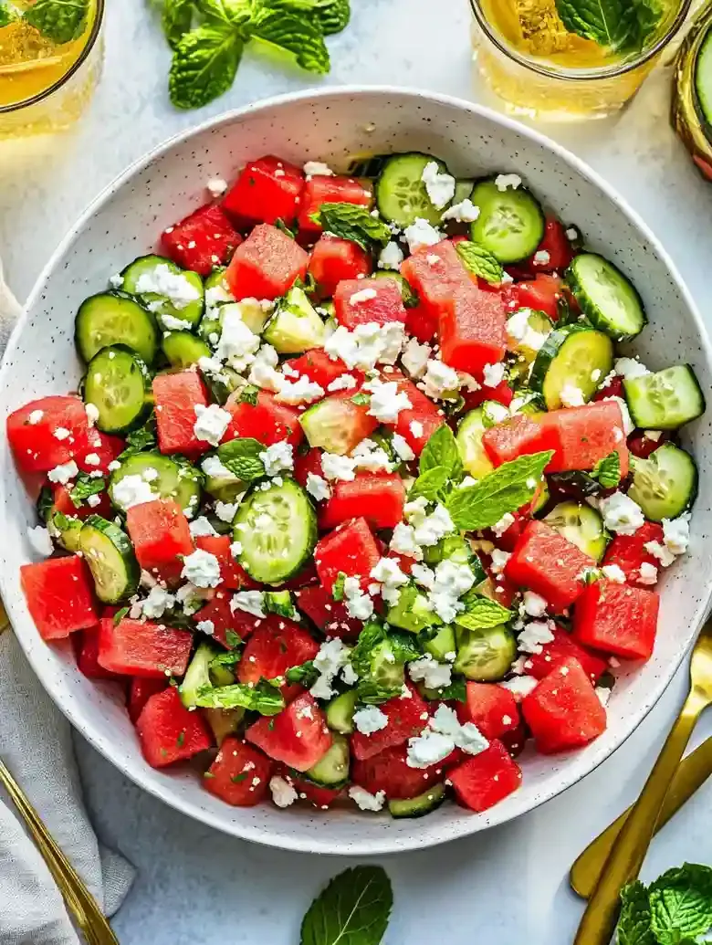 Colorful salad with watermelon, cucumber, feta, and fresh herbs in a bowl.