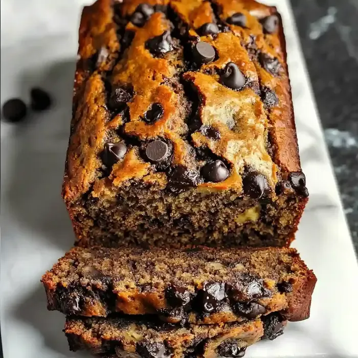 Vegan chocolate chip banana bread on marble, slices showcasing tender interior.
