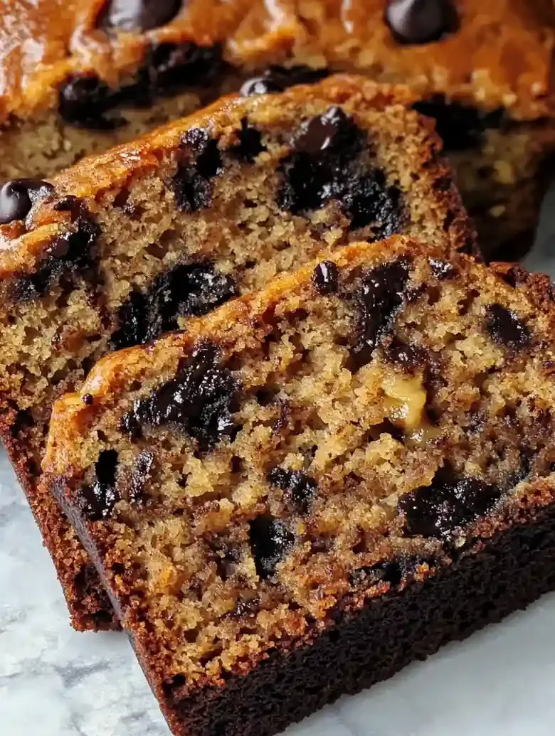 Three slices of vegan chocolate chip banana bread on a marble surface.