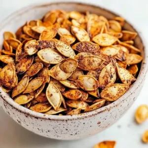 Bowl of golden-brown chili roasted pumpkin seeds on marble surface.