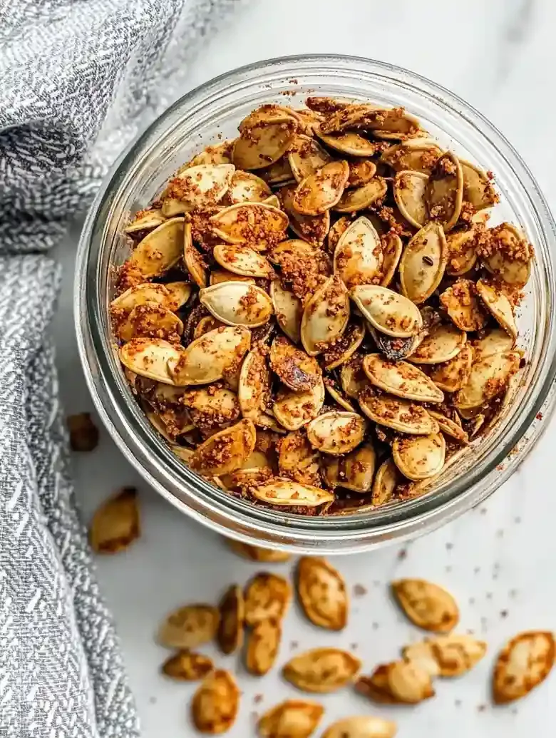 Pumpkin seeds coated in chili seasoning spilled from a glass jar onto marble.