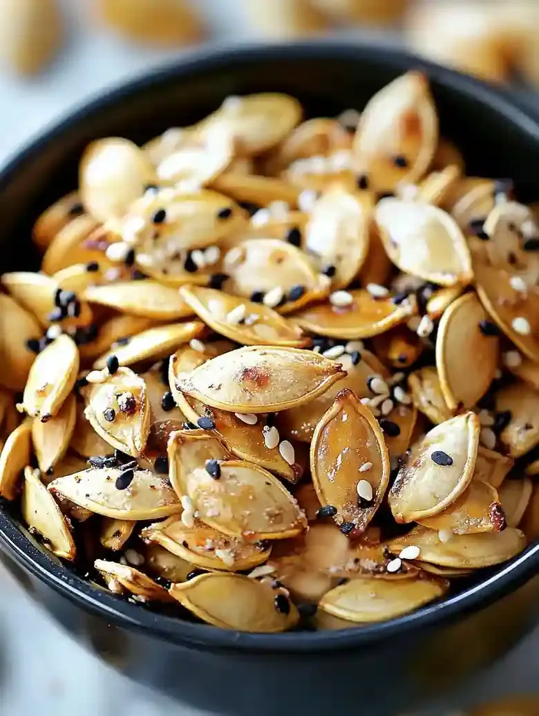Black bowl of roasted pumpkin seeds with sesame, on marble surface.
