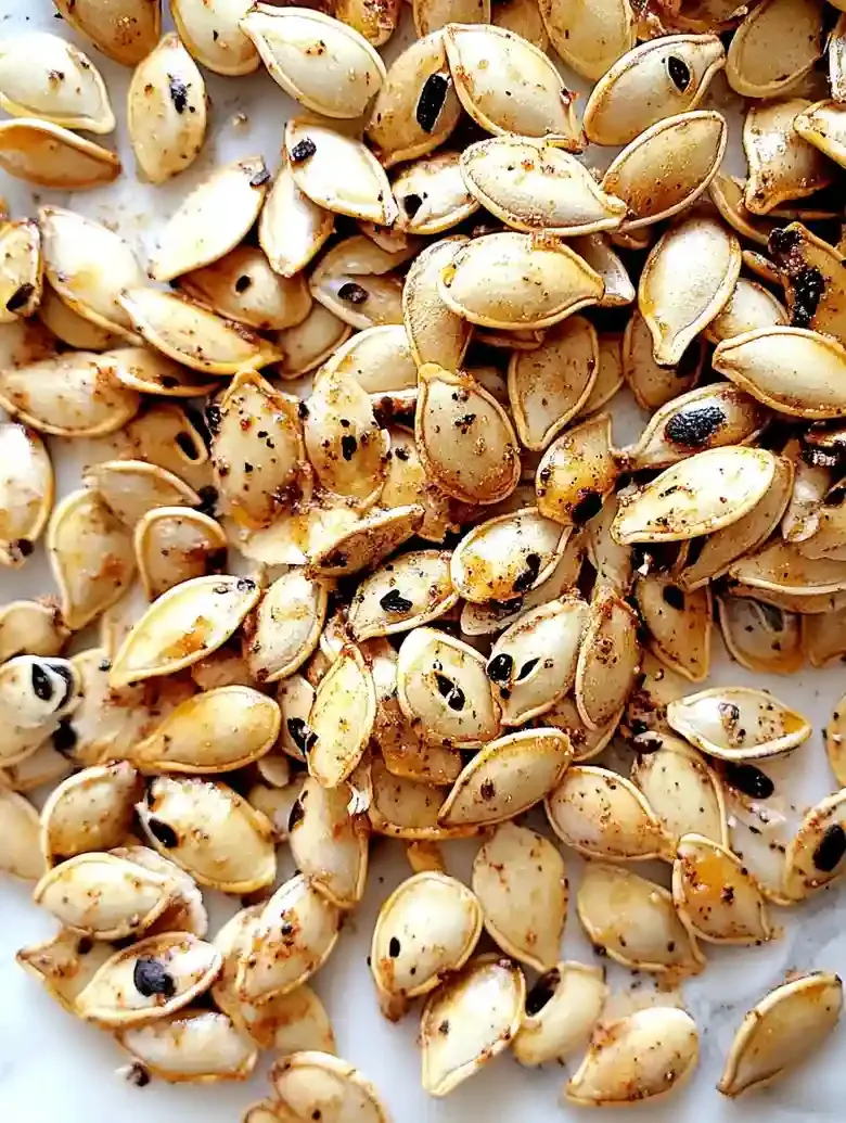 Roasted pumpkin seeds on a white marble surface with seasoning specks.