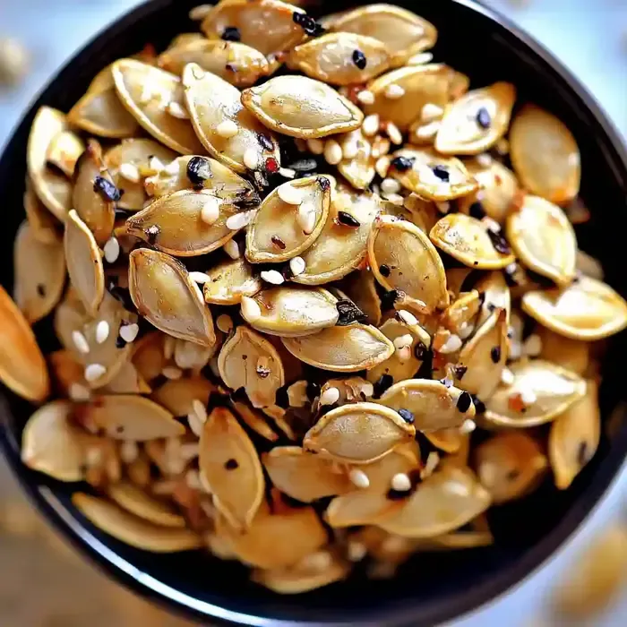 Closeup of a black bowl filled with seasoned roasted pumpkin seeds.