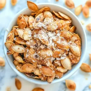 Bowl of roasted pumpkin seeds with grated cheese on marble surface.