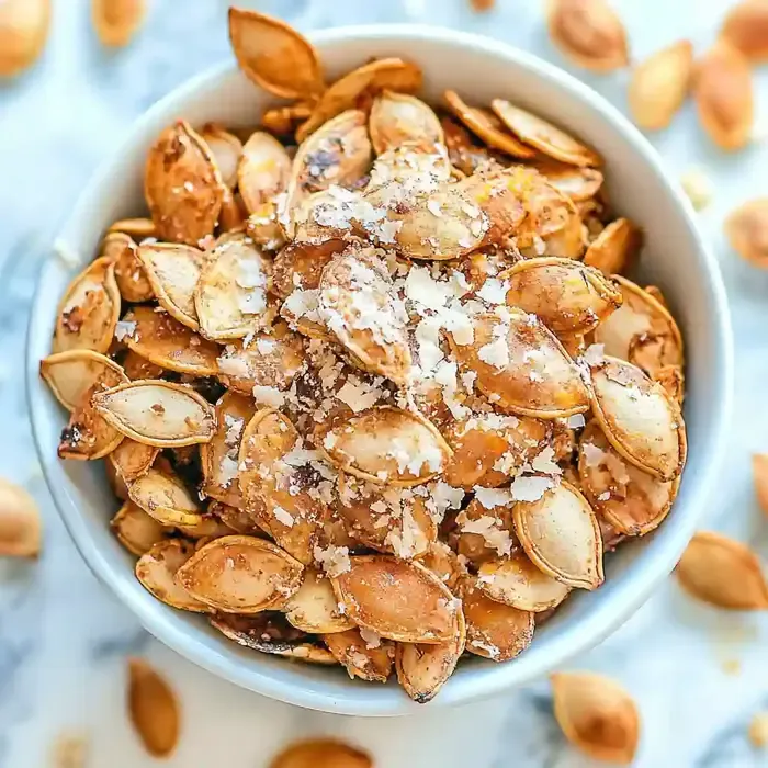 Bowl of roasted pumpkin seeds with grated cheese on marble surface.