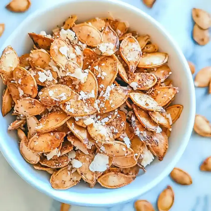 Bowl of golden-brown roasted pumpkin seeds with grated cheese on marble.